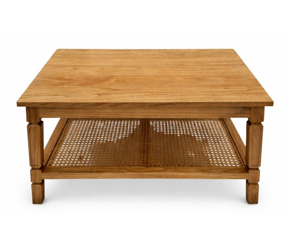 Linton Teak Side Table With Rattan Shelf