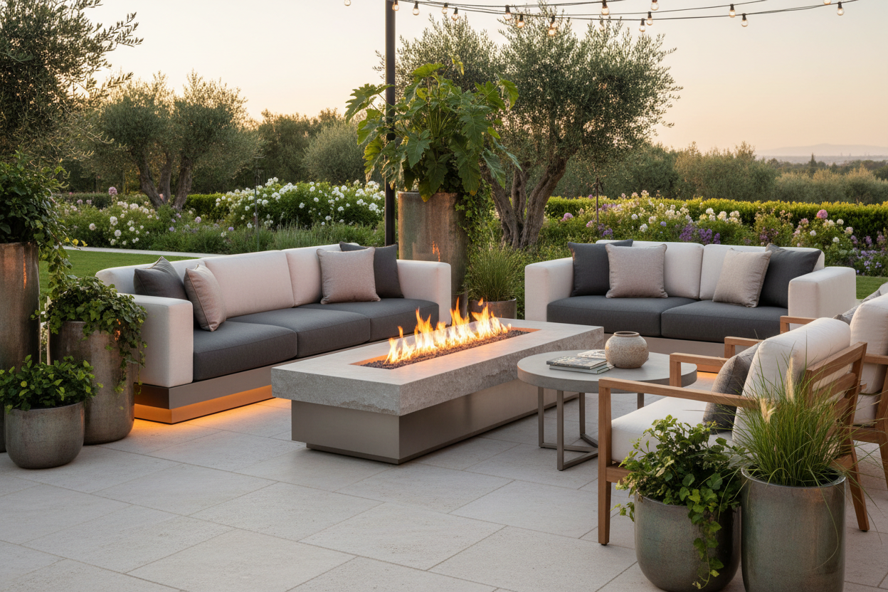 A luxury outdoor space with a fire pit and nice plant pots and lovely furniture
