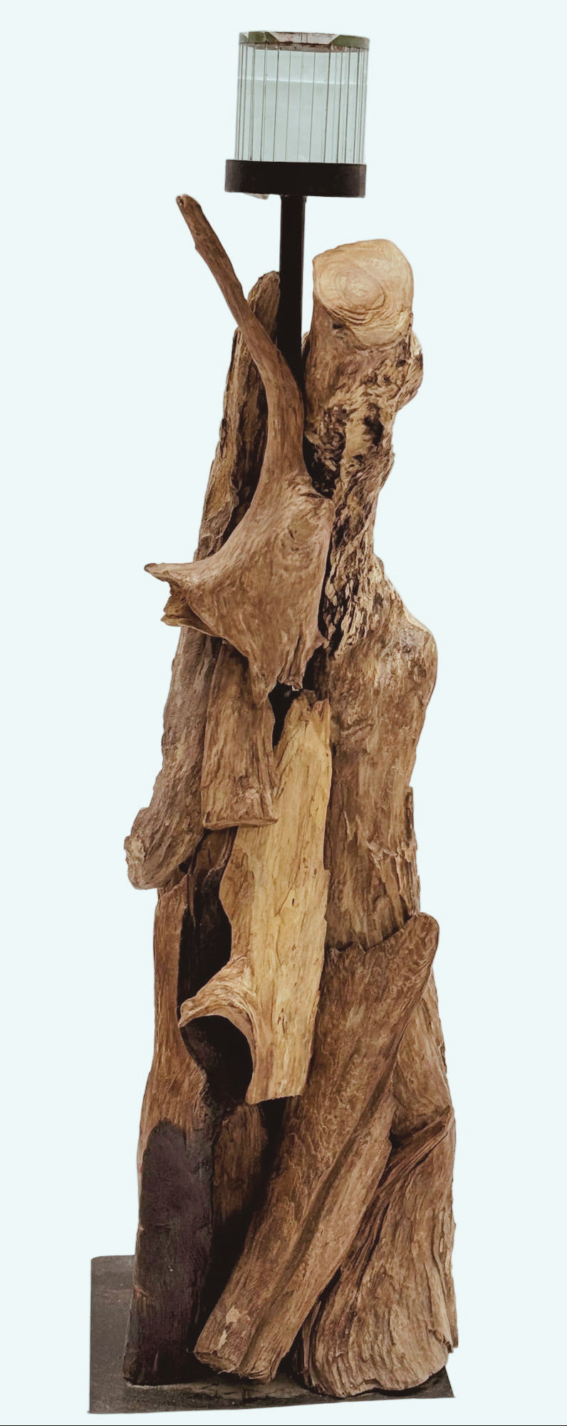 Driftwood Sculpture on Metal Base with Integrated Candle Holder